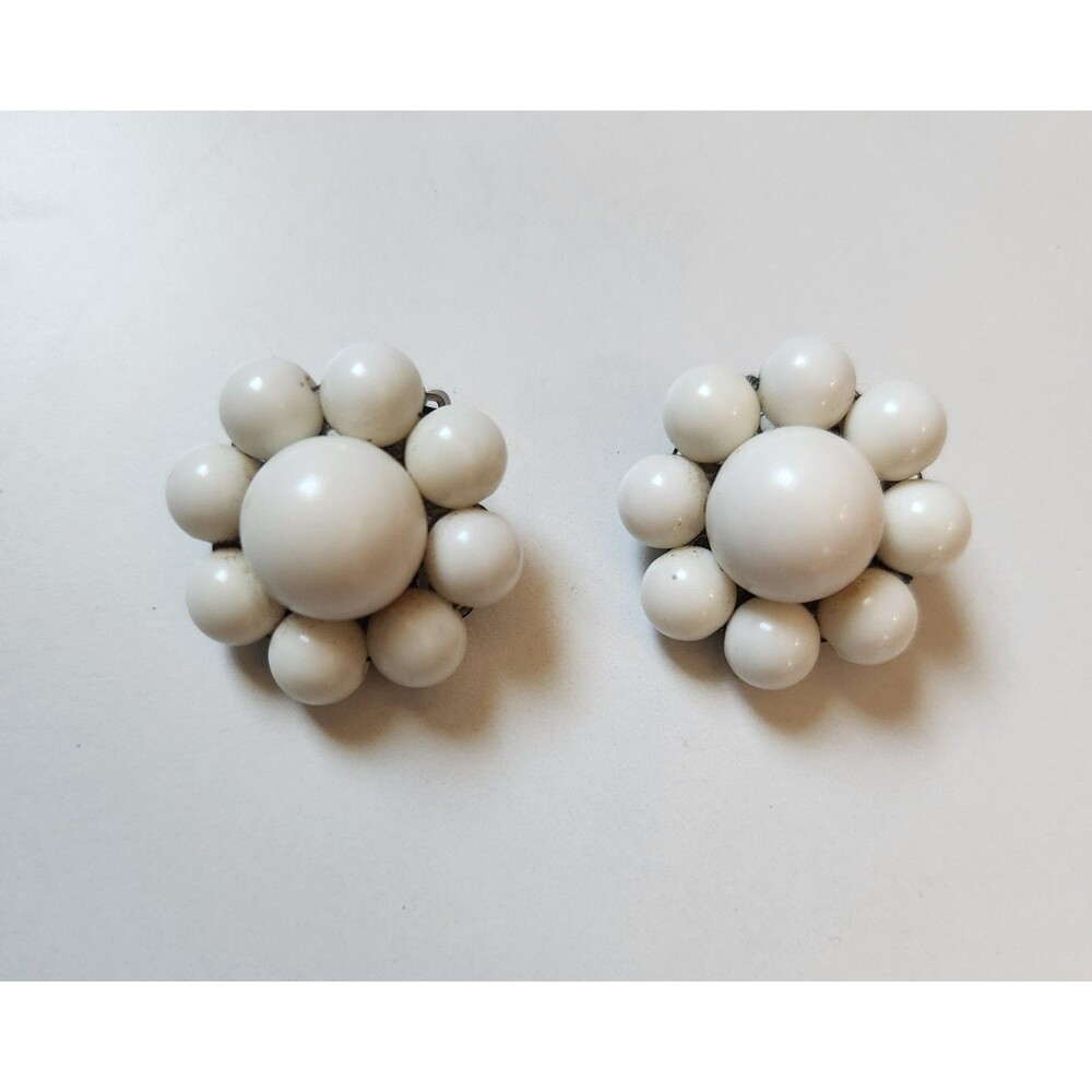 Vintage White Beaded Clip-On Earrings